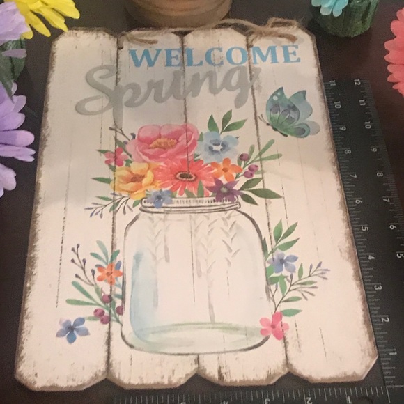 Welcome Spring Mason Jar Picket Fence Wall Sign - Picture 2 of 11